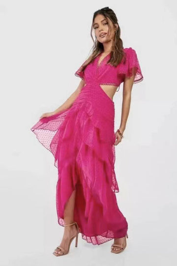 Niche 2025 Spring And Autumn V-Necked Lotus Leaf Side Splicing Skirt Sexy Loaf Long Dress Woman